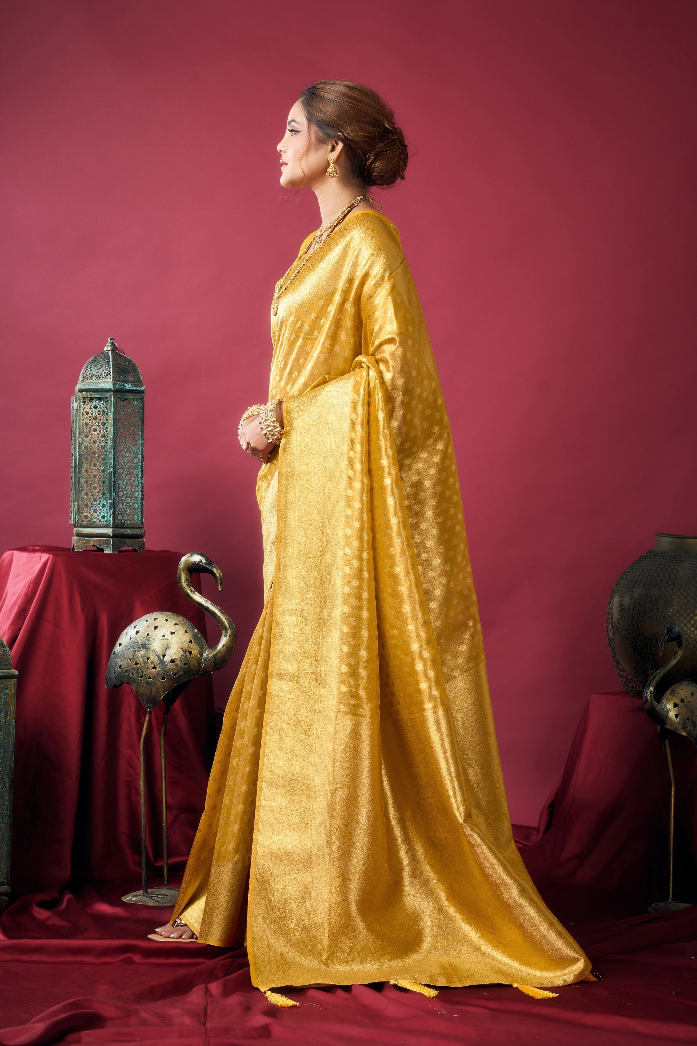 Mustard Tissue Silk Zari Woven Saree with Matching Blouse Piece