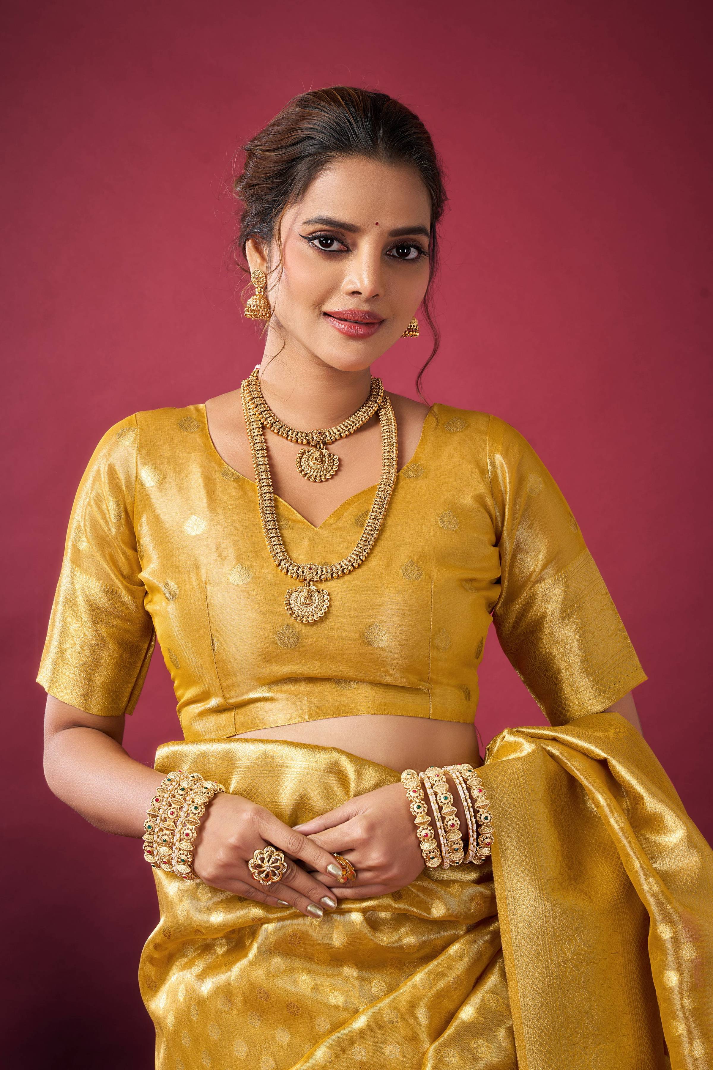 Mustard Tissue Silk Zari Woven Saree with Matching Blouse Piece
