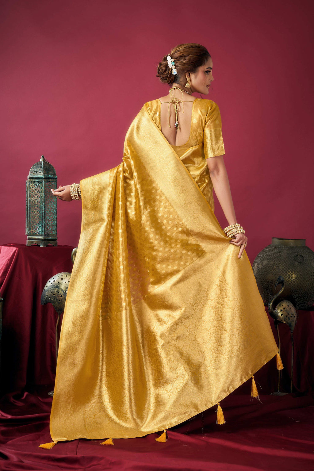 Mustard Tissue Silk Zari Woven Saree with Matching Blouse Piece