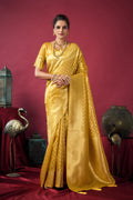 Mustard tissue silk saree with golden zari weaving and jhalar border