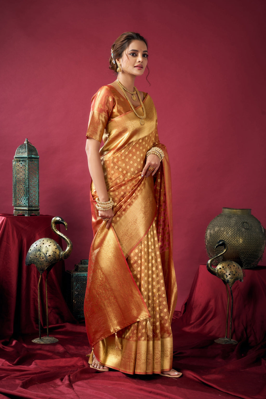 Orange Tissue Silk Zari Woven Saree with Blouse