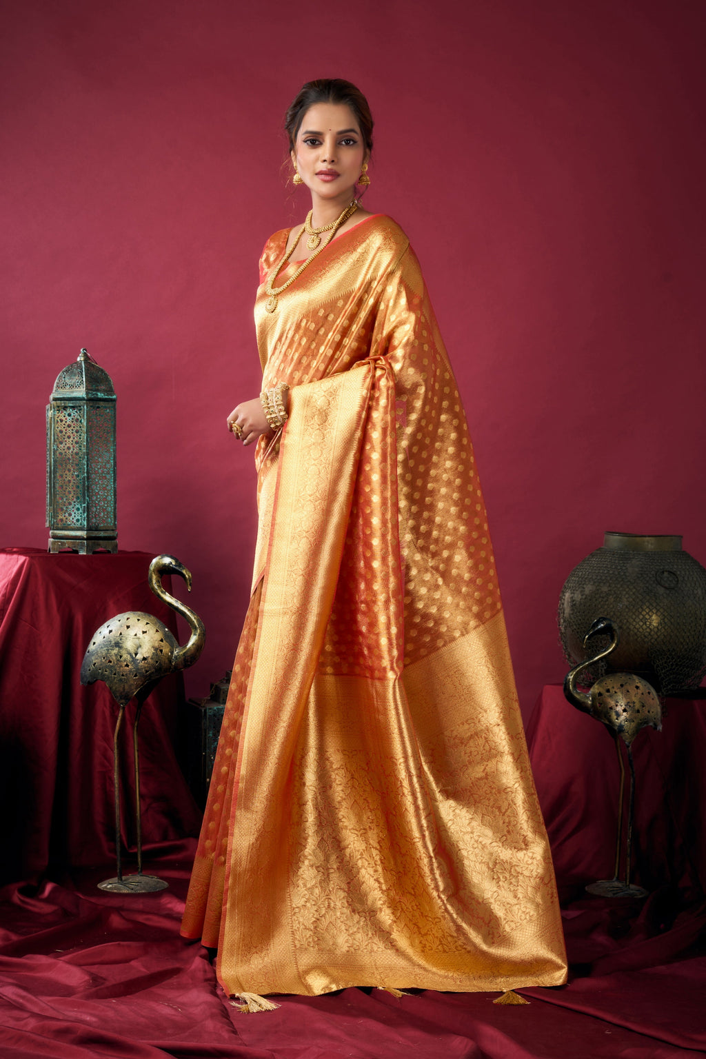 Orange Tissue Silk Zari Woven Saree with Blouse