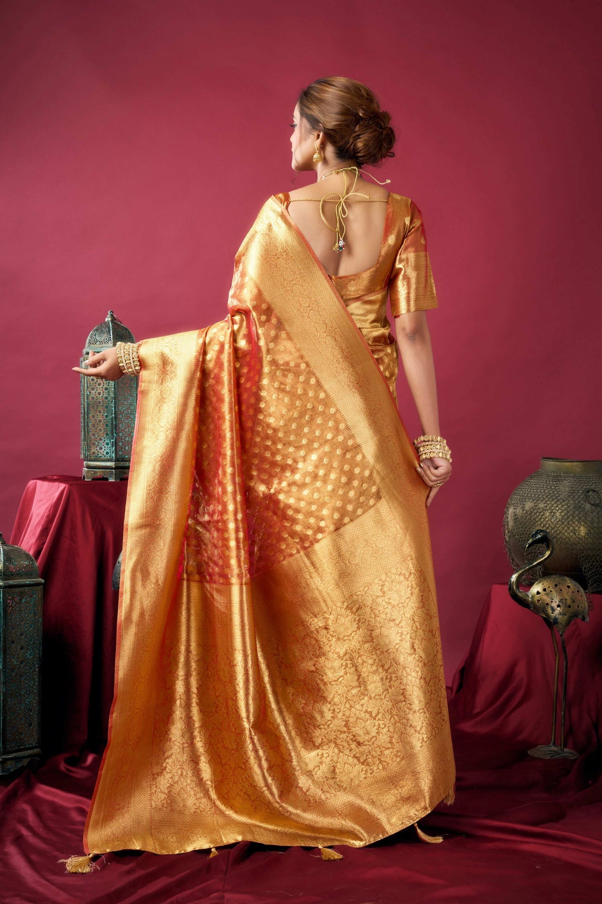 Orange Tissue Silk Zari Woven Saree with Blouse