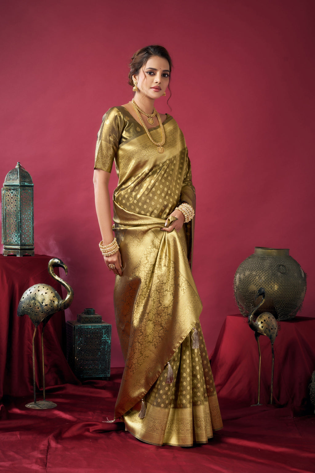 Mehendi Tissue Silk Zari Woven Saree with Matching Blouse