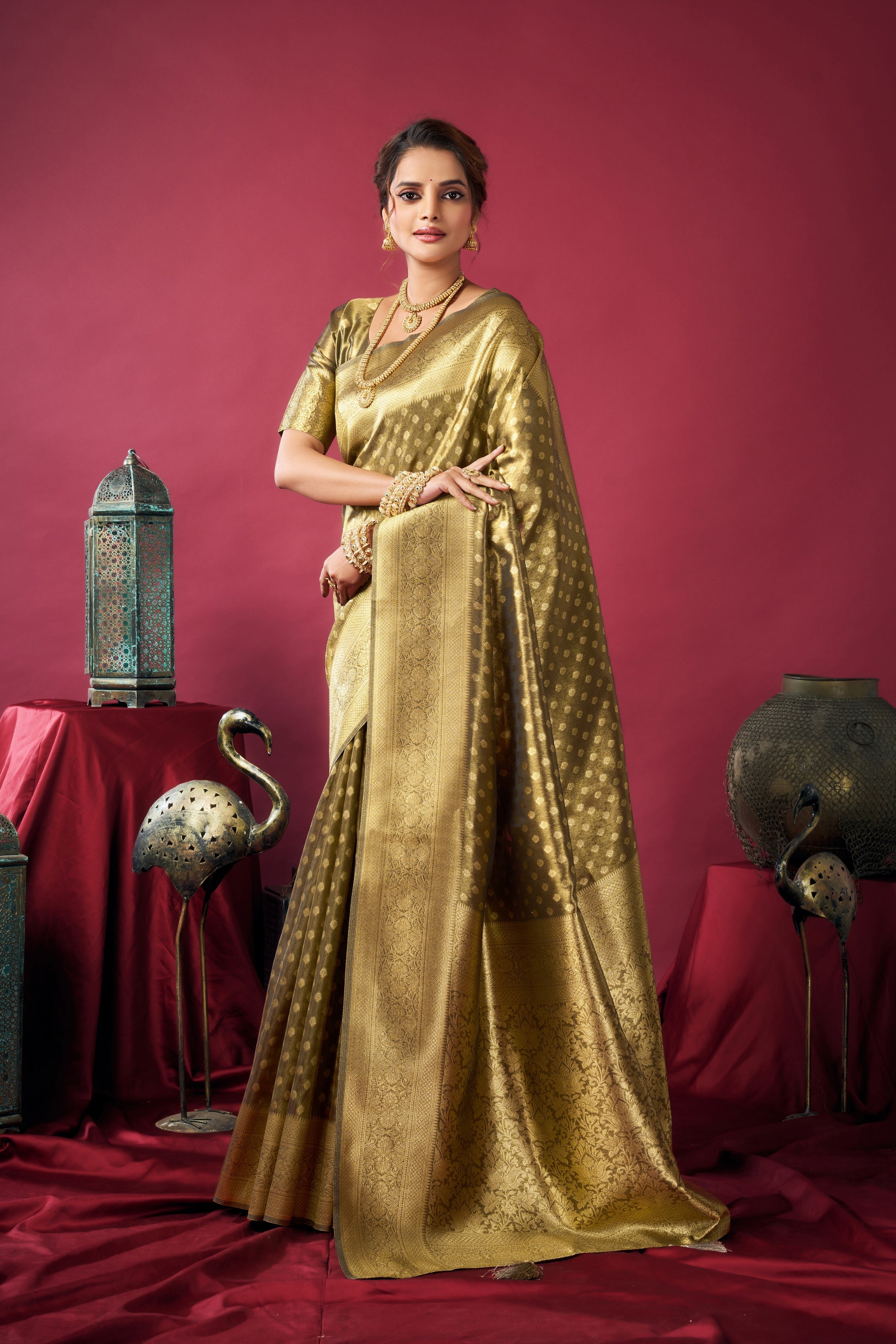 Mehendi Tissue Silk Zari Woven Saree with Matching Blouse