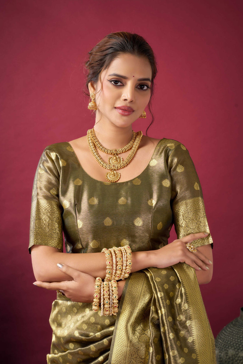 Mehendi Tissue Silk Zari Woven Saree with Matching Blouse