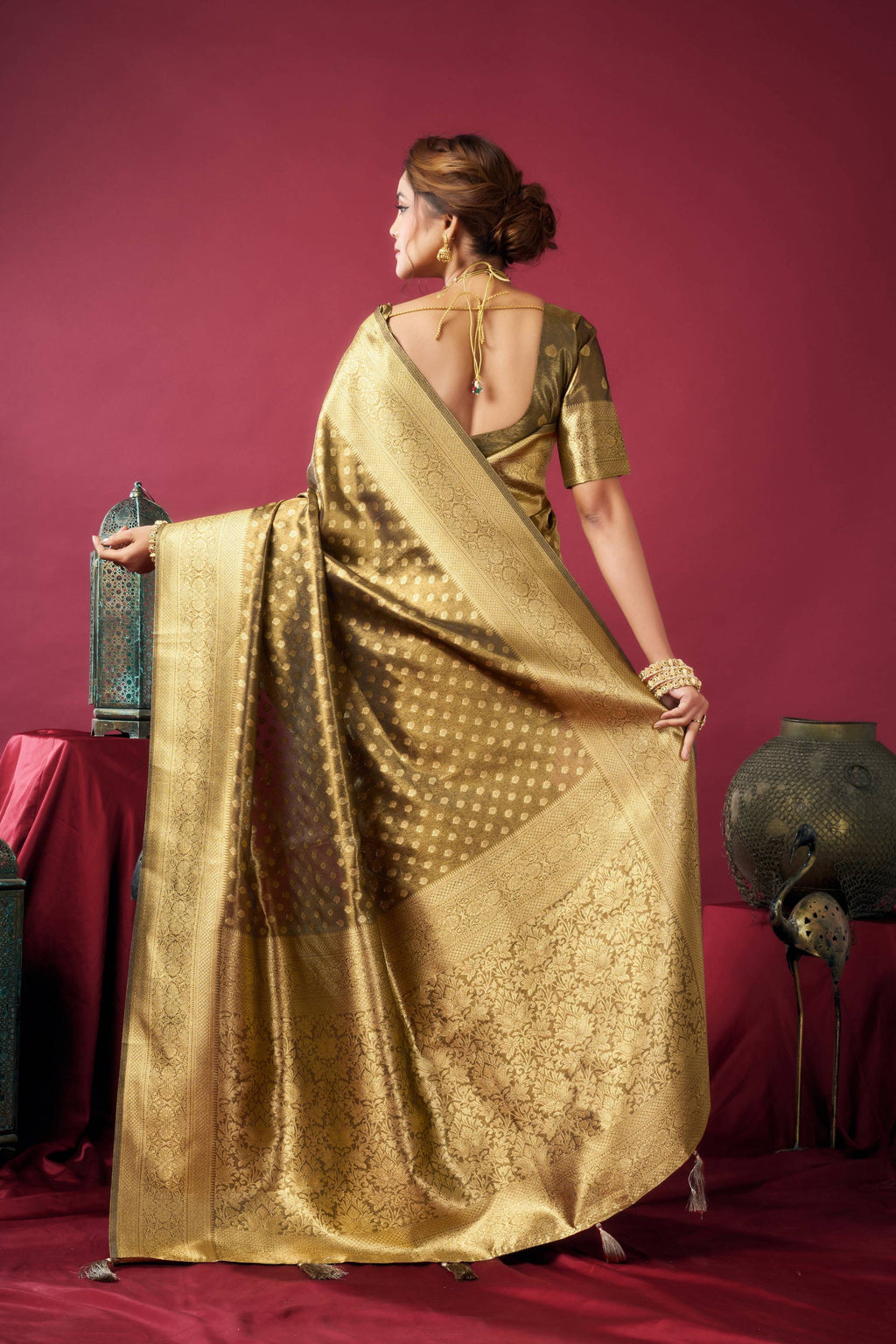 Mehendi Tissue Silk Zari Woven Saree with Matching Blouse