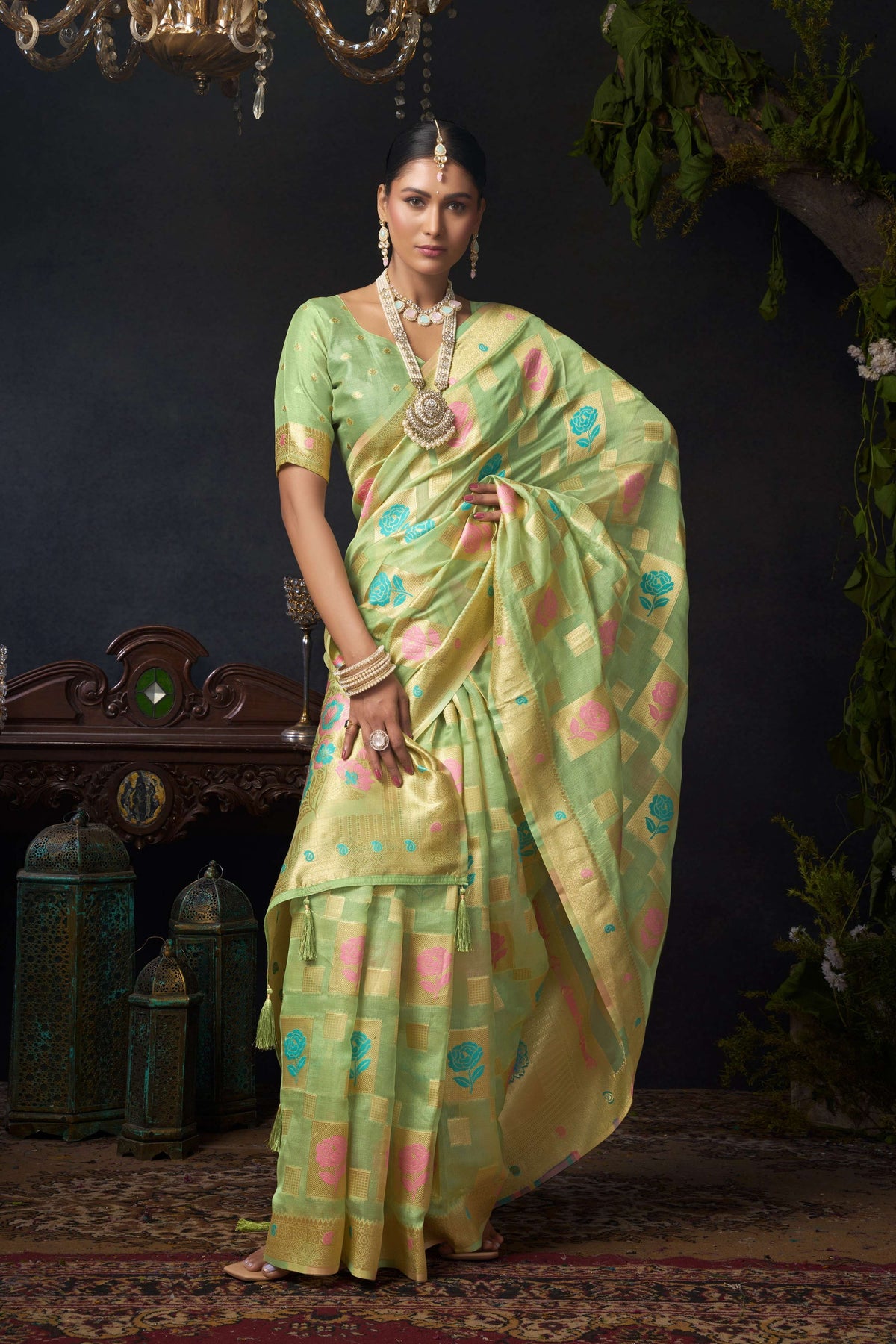 Green Organza Khadi Zari Woven Saree with Matching Blouse