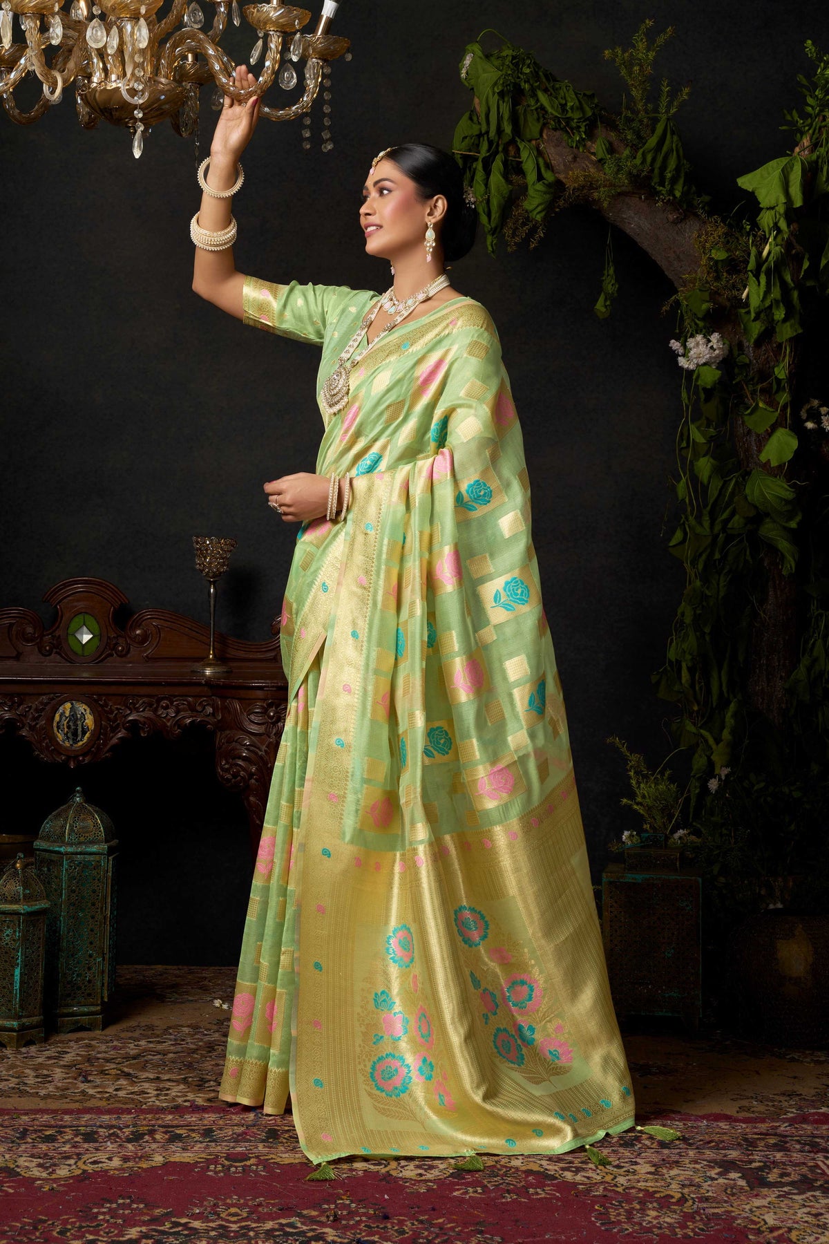 Green Organza Khadi Zari Woven Saree with Matching Blouse