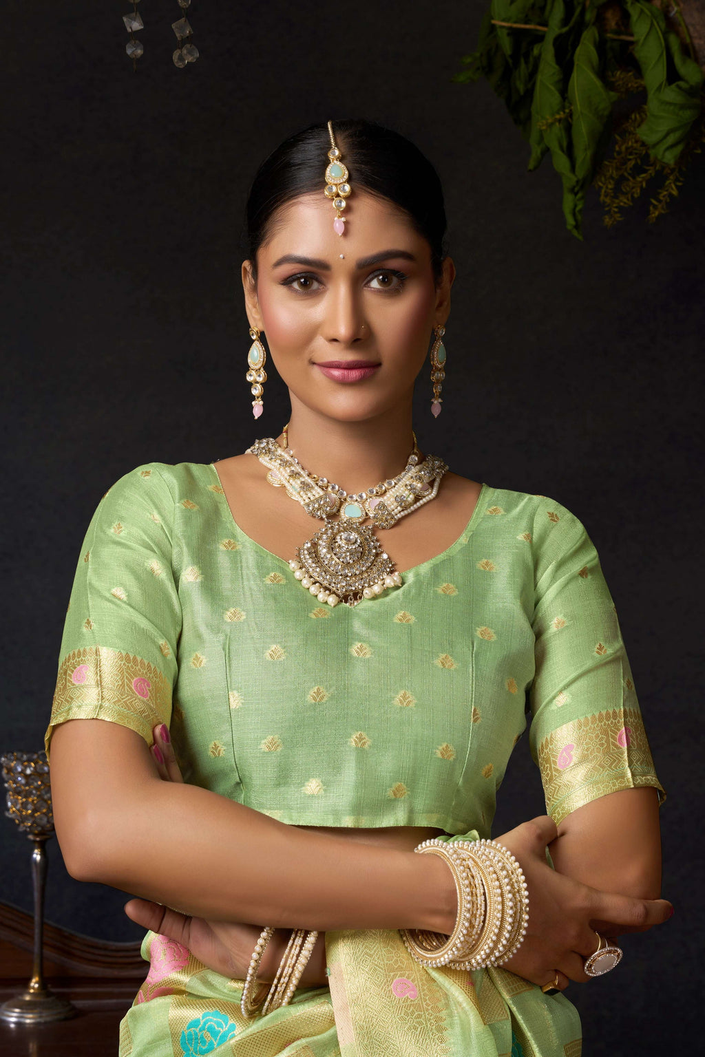 Green Organza Khadi Zari Woven Saree with Matching Blouse