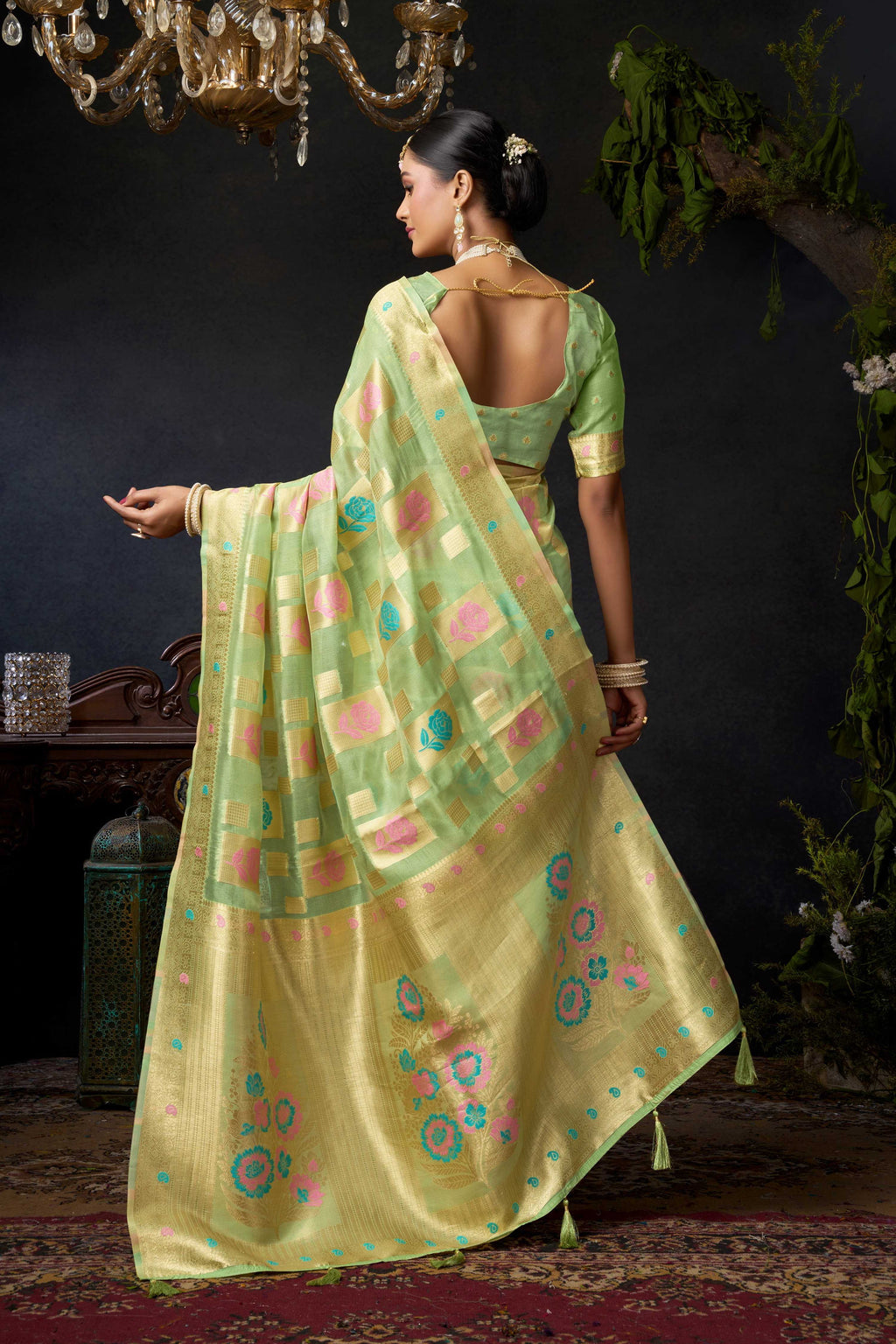 Green Organza Khadi Zari Woven Saree with Matching Blouse