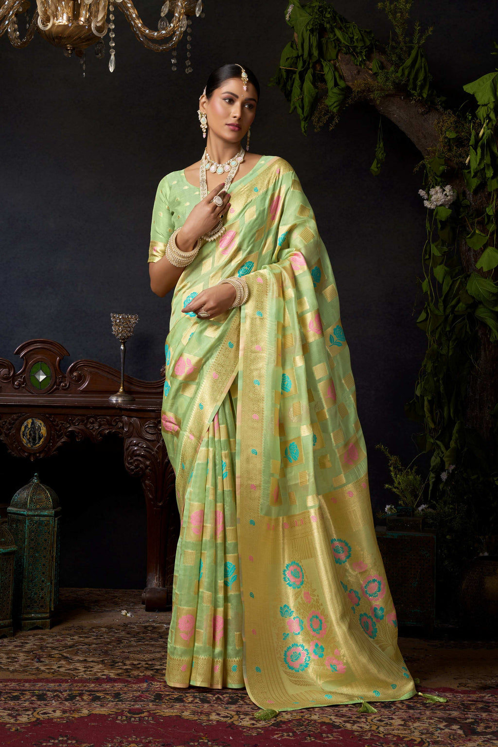 Green Organza Khadi Saree with Zari Woven details and matching blouse