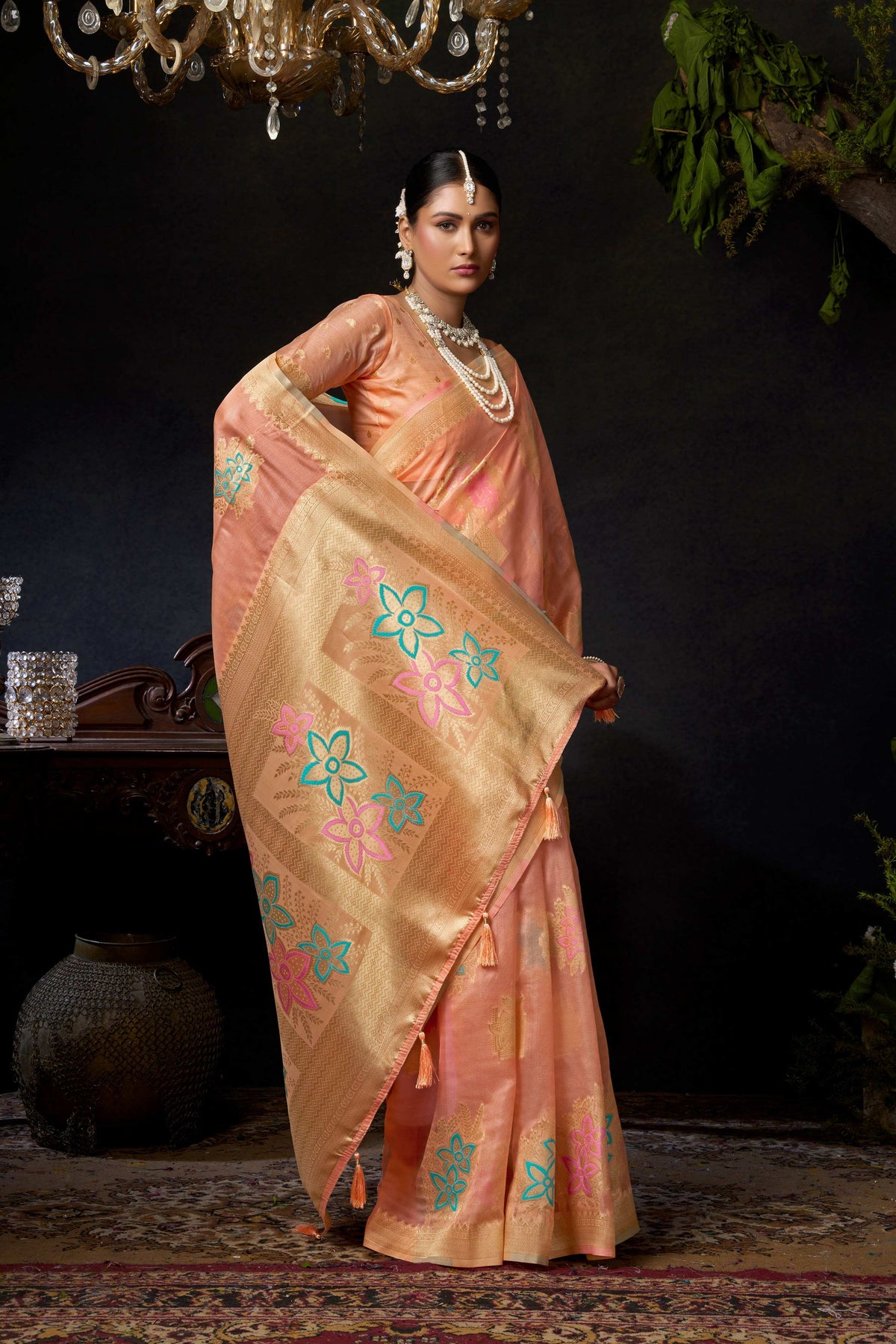 Peach Organza Khadi Zari Woven Saree with Jhalar Border