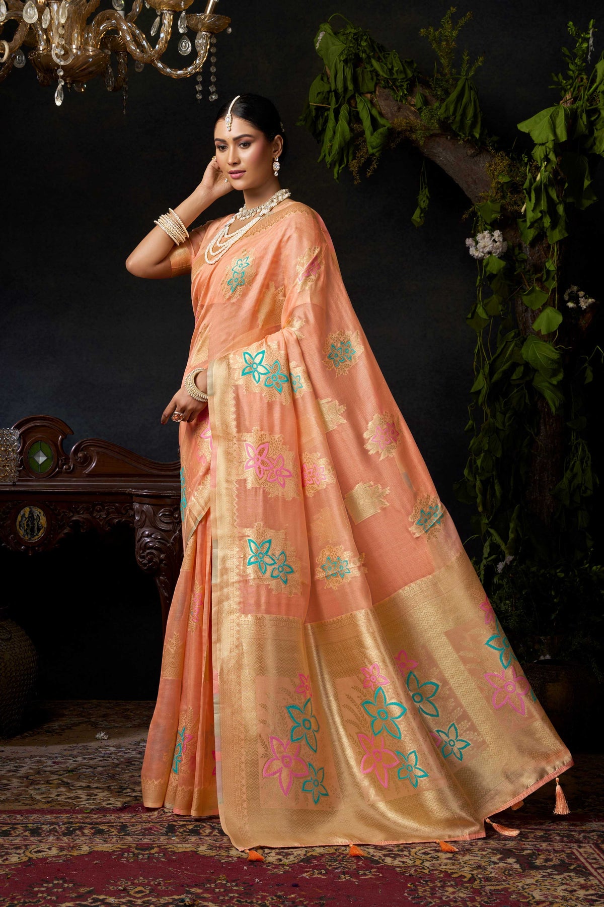 Peach Organza Khadi Zari Woven Saree with Jhalar Border