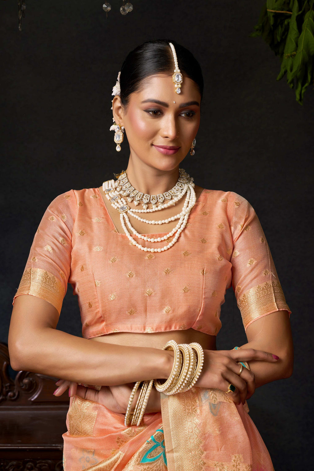 Peach Organza Khadi Zari Woven Saree with Jhalar Border