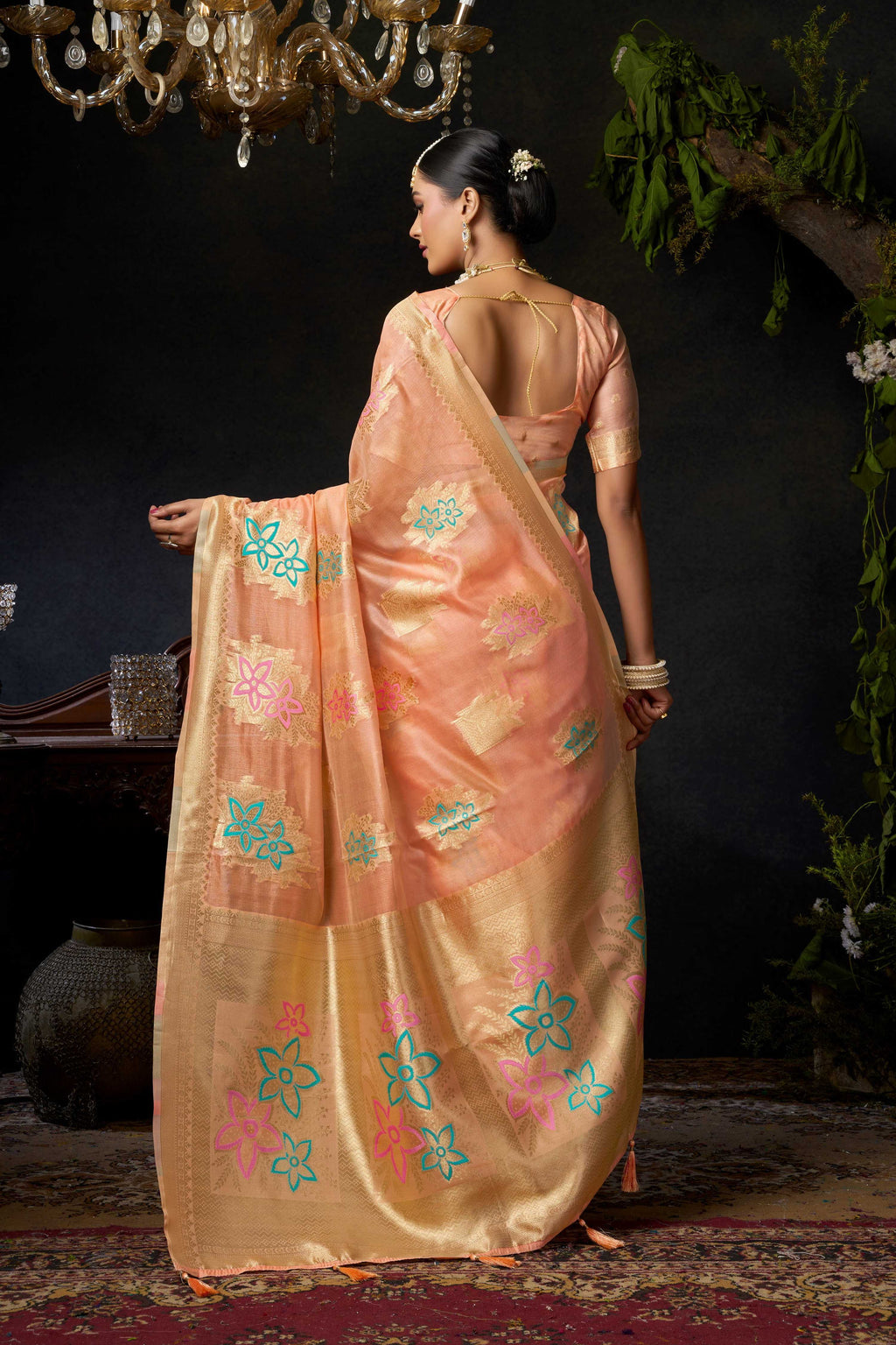 Peach Organza Khadi Zari Woven Saree with Jhalar Border