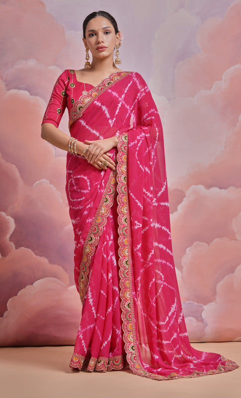 Rani Pink georgette saree with detailed coding sequence embroidery and matching blouse
