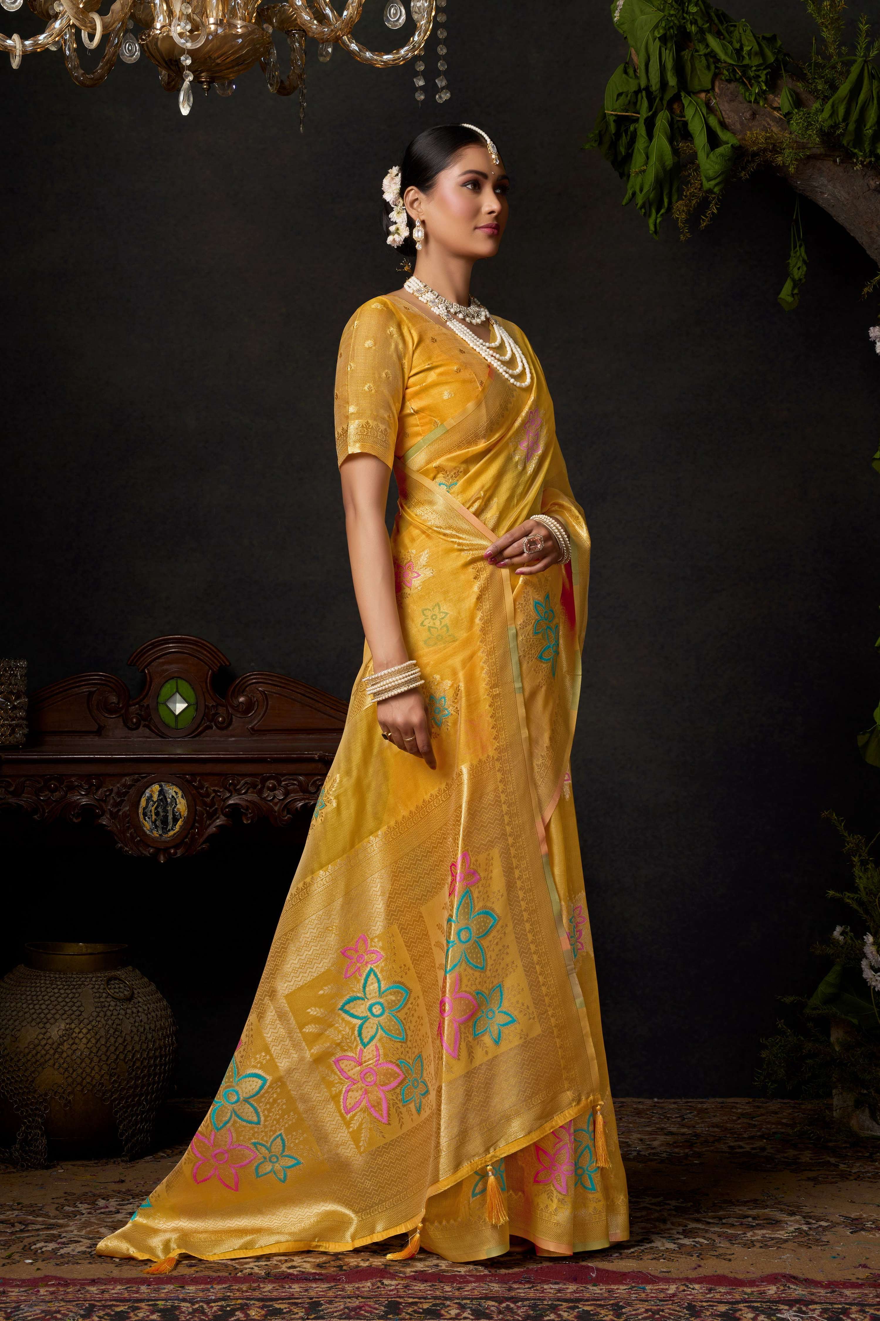 Yellow Organza Khadi Zari Woven Saree with Matching Blouse