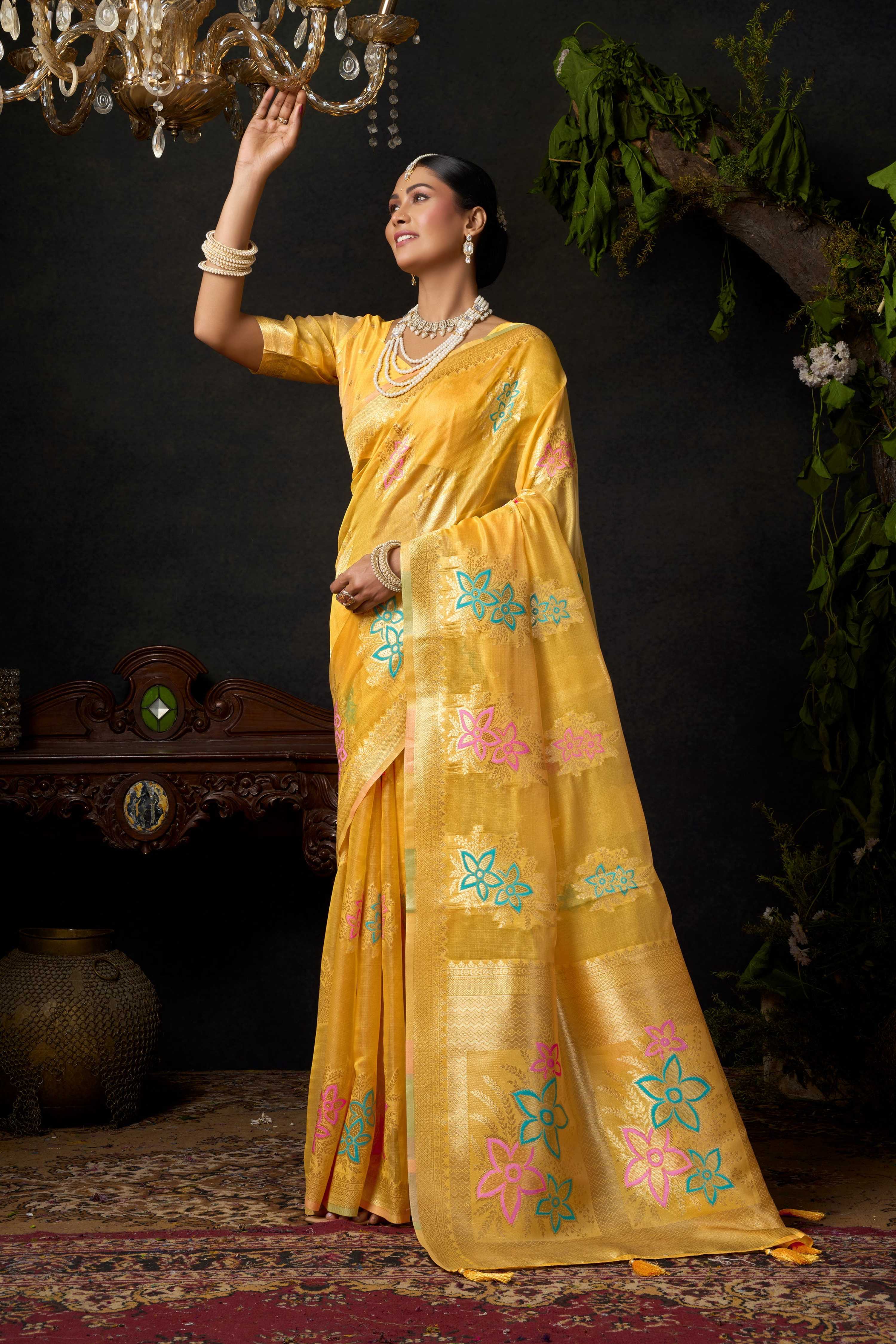 Yellow Organza Khadi Zari Woven Saree with Matching Blouse