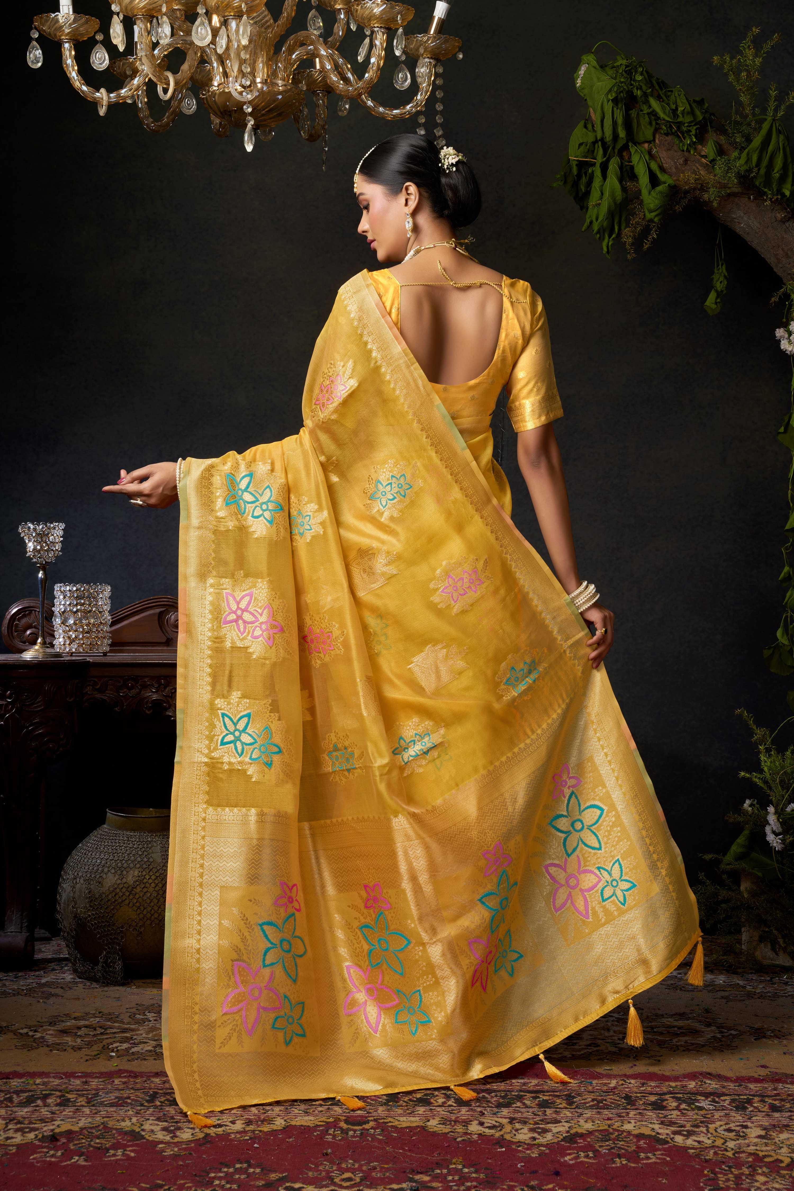 Yellow Organza Khadi Zari Woven Saree with Matching Blouse