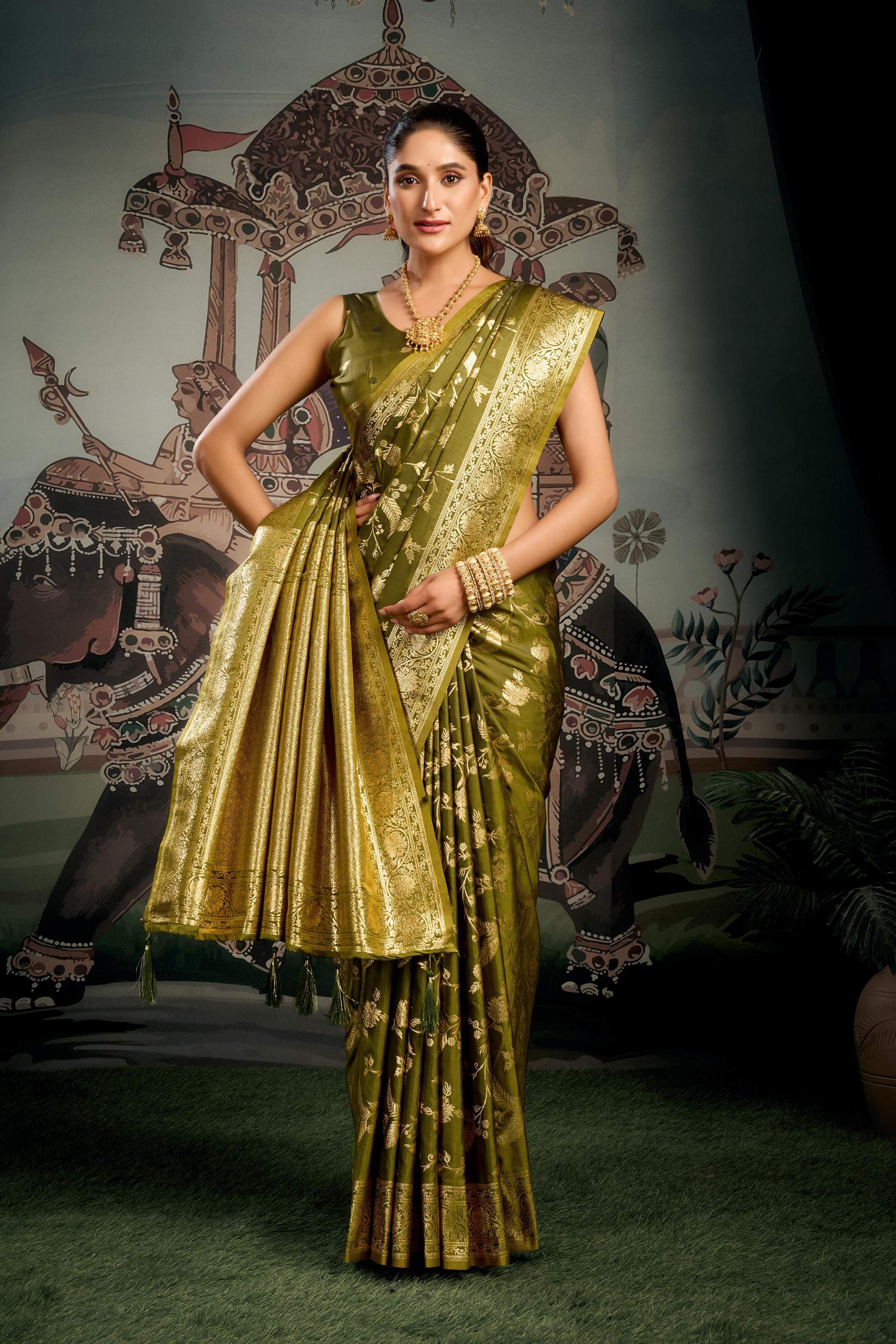 Mehendi Premium Soft Silk Zari Woven Saree with Blouse