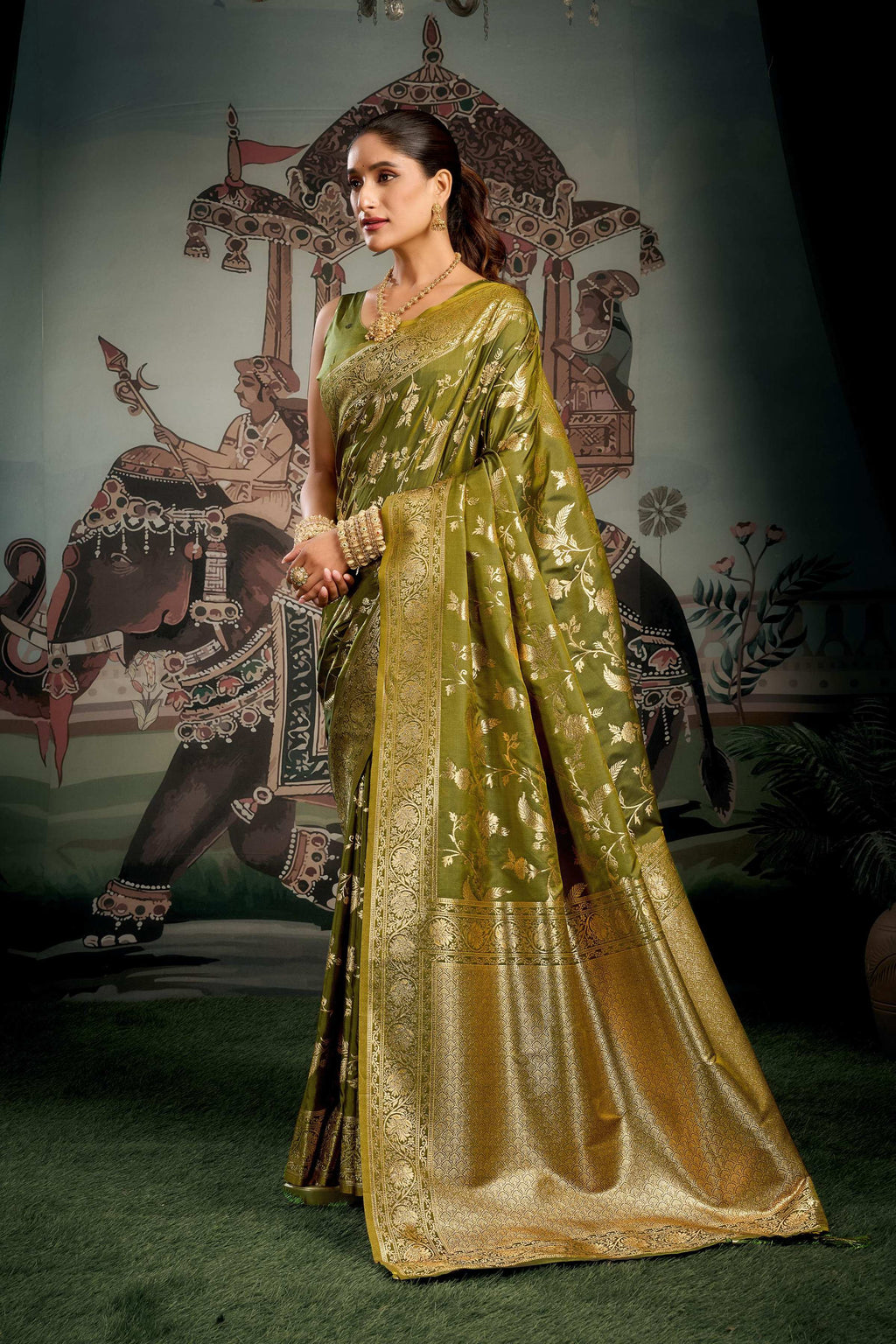 Mehendi Premium Soft Silk Zari Woven Saree with Blouse