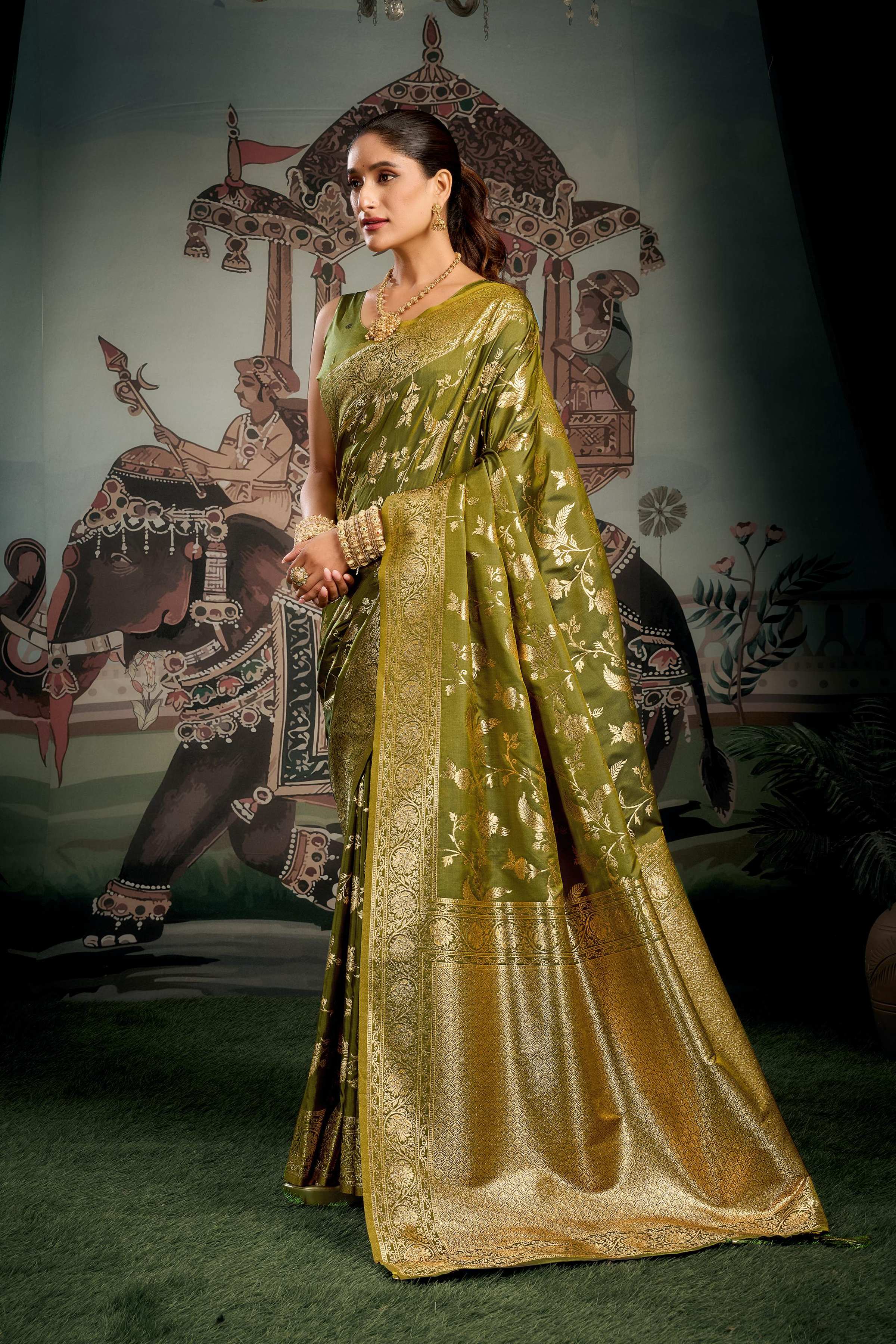 Mehendi Premium Soft Silk Zari Woven Saree with Blouse