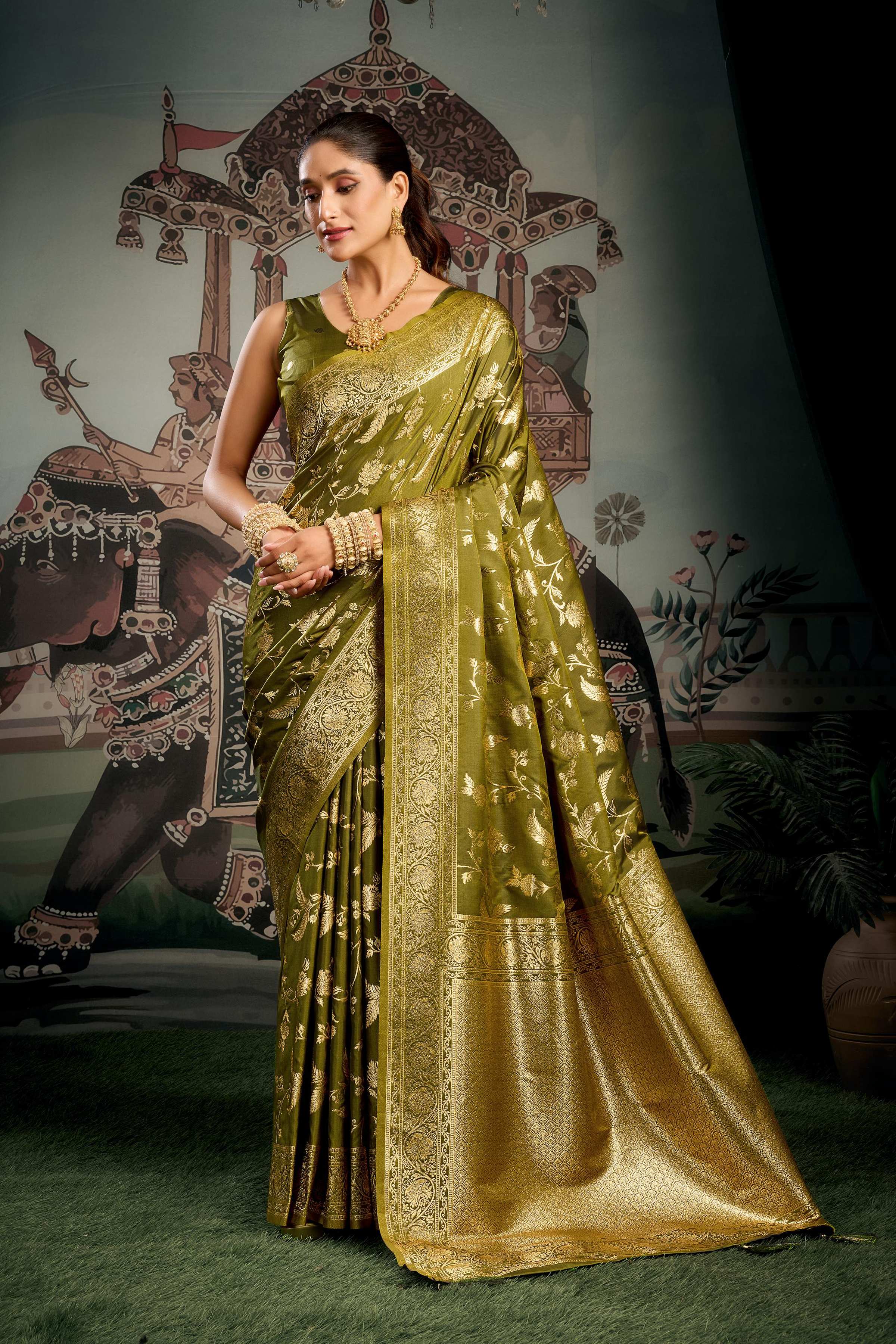 Mehendi premium soft silk saree with zari weave detail and jhalar edges