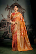 Orange premium soft silk saree with Zari woven detailing and Jhalar border.