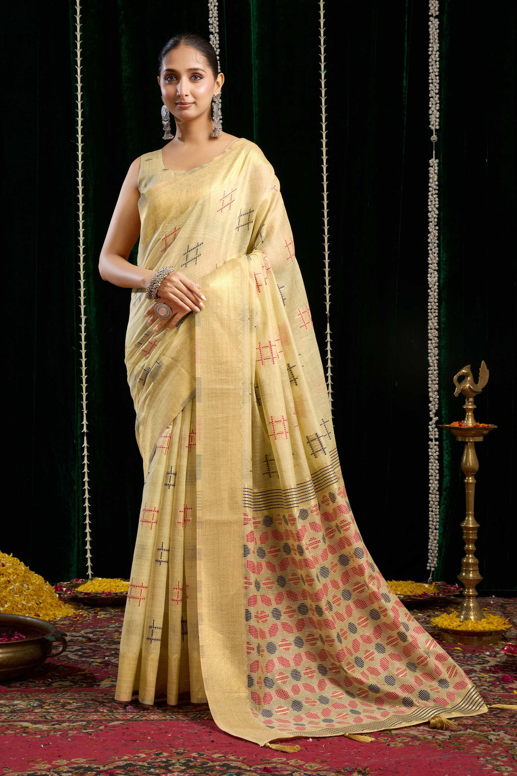 Beige soft spun cotton saree with zari woven accents