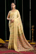 Beige soft spun cotton saree with zari woven accents