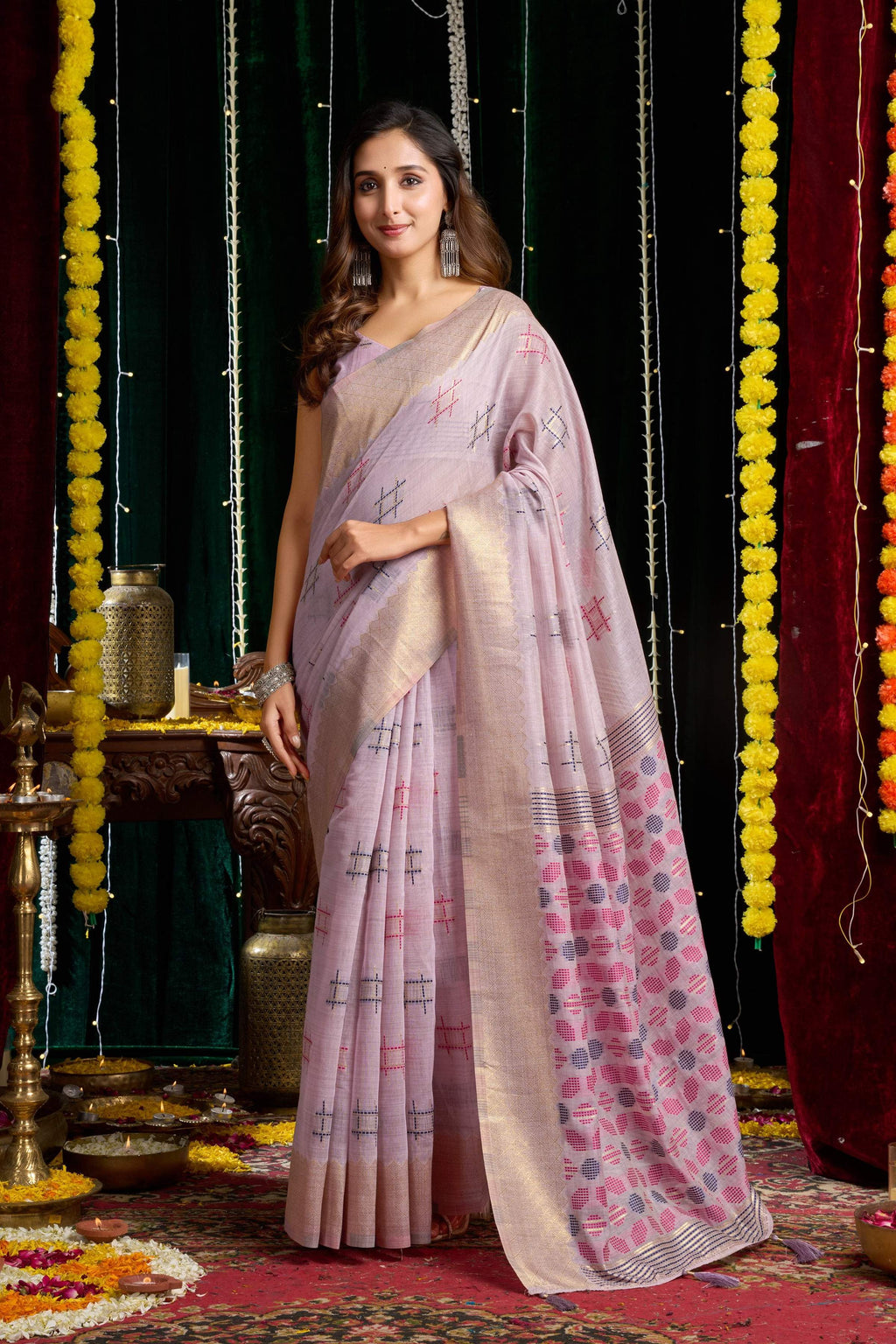 Purple soft spun cotton saree with Zari woven work and jhalar detail