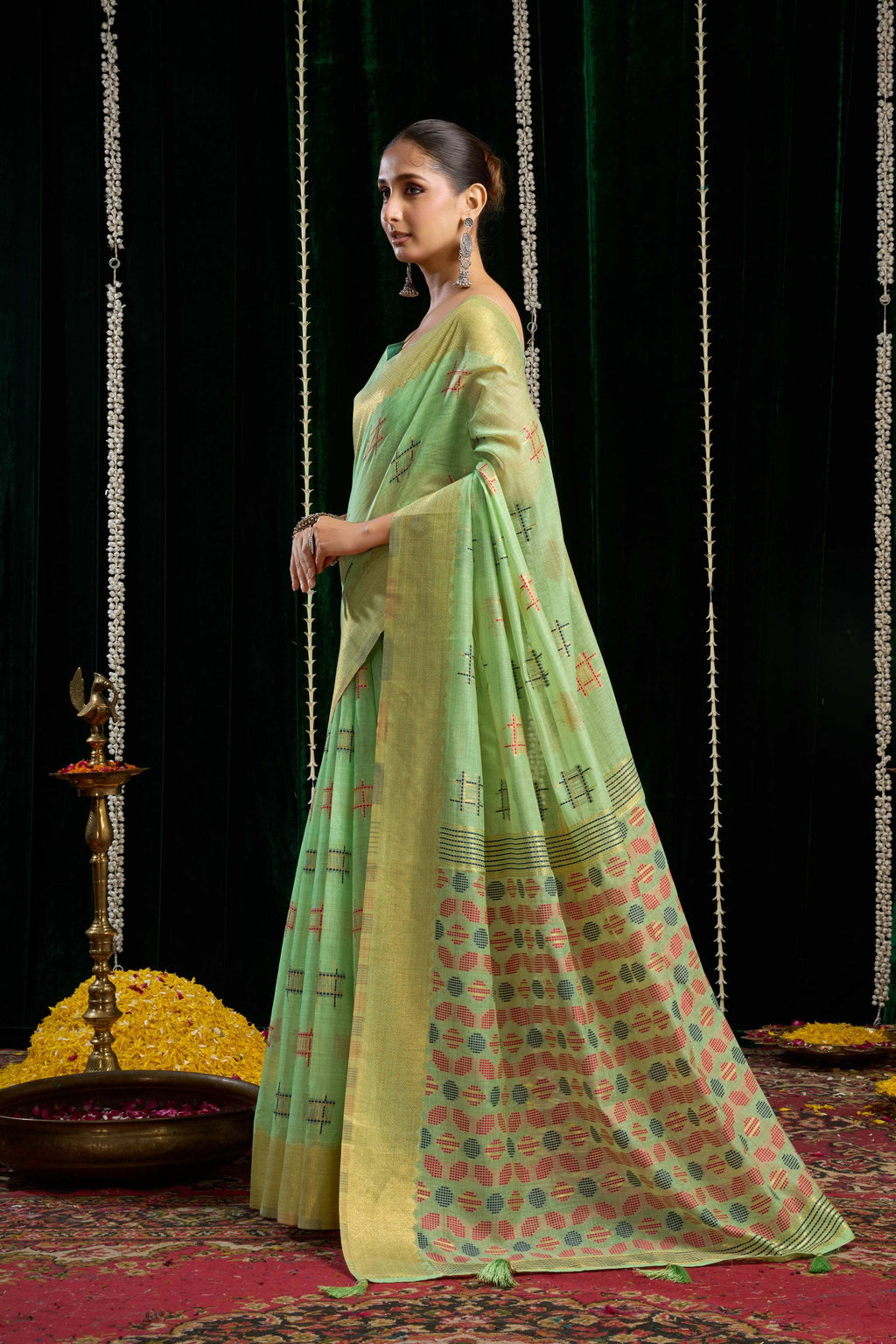 Green Soft Spun Cotton Zari Woven Saree with Blouse