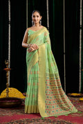 Green soft spun cotton saree with Zari woven border and jhalar