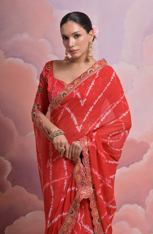 Jyoti Fashion Women's Red Coding Sequence Georgette Saree with Blouse