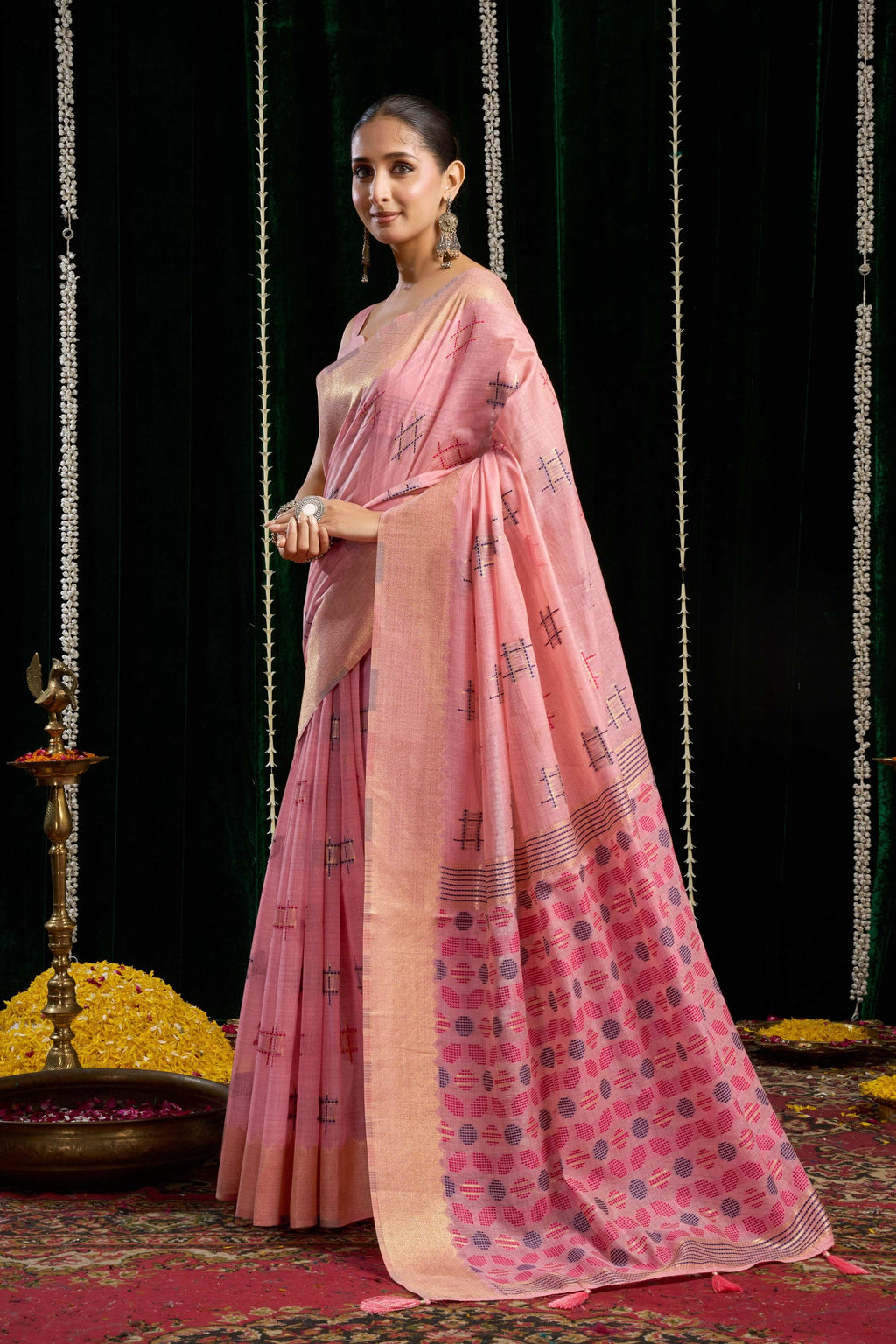 Pink Soft Spun Cotton Saree with Zari Woven Border and Blouse