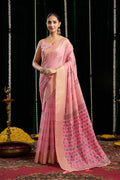 Pink soft spun cotton saree with Zari woven border and Jhalar, includes matching blouse.