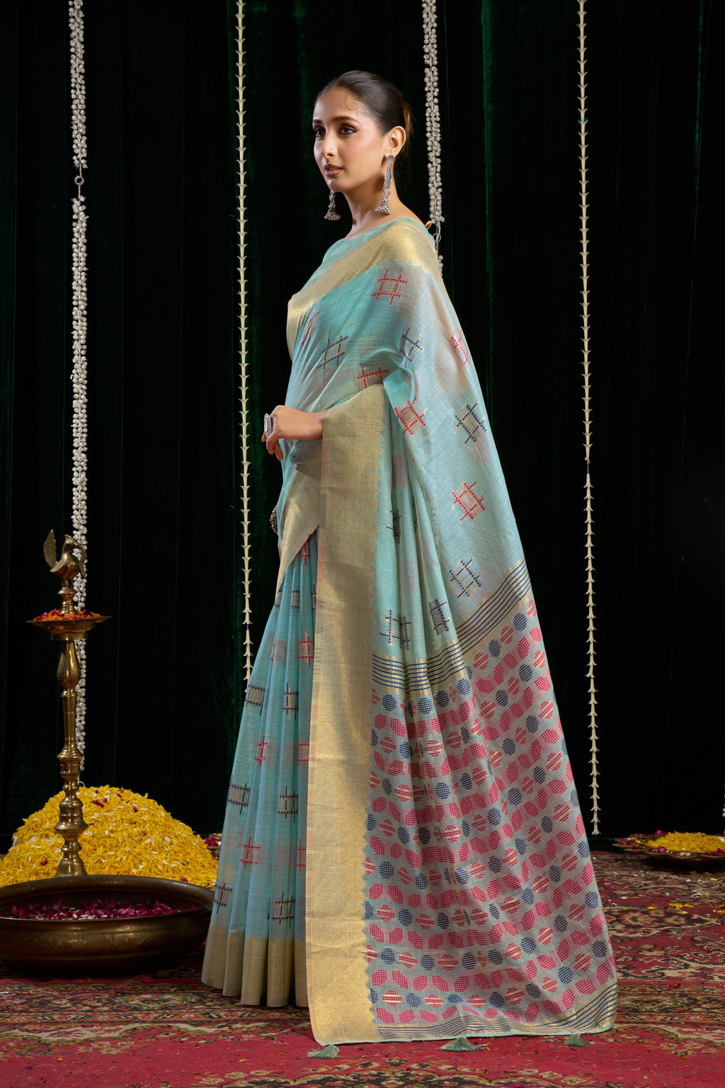 Turquoise Soft Spun Cotton Zari Woven Saree with Blouse Piece