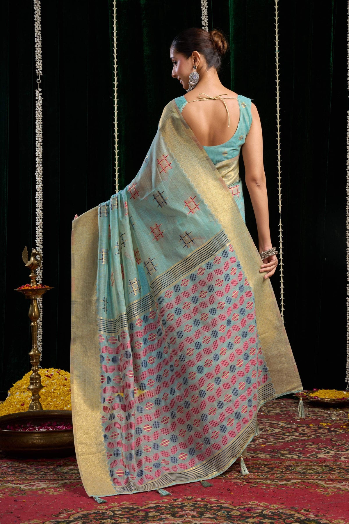 Turquoise Soft Spun Cotton Zari Woven Saree with Blouse Piece