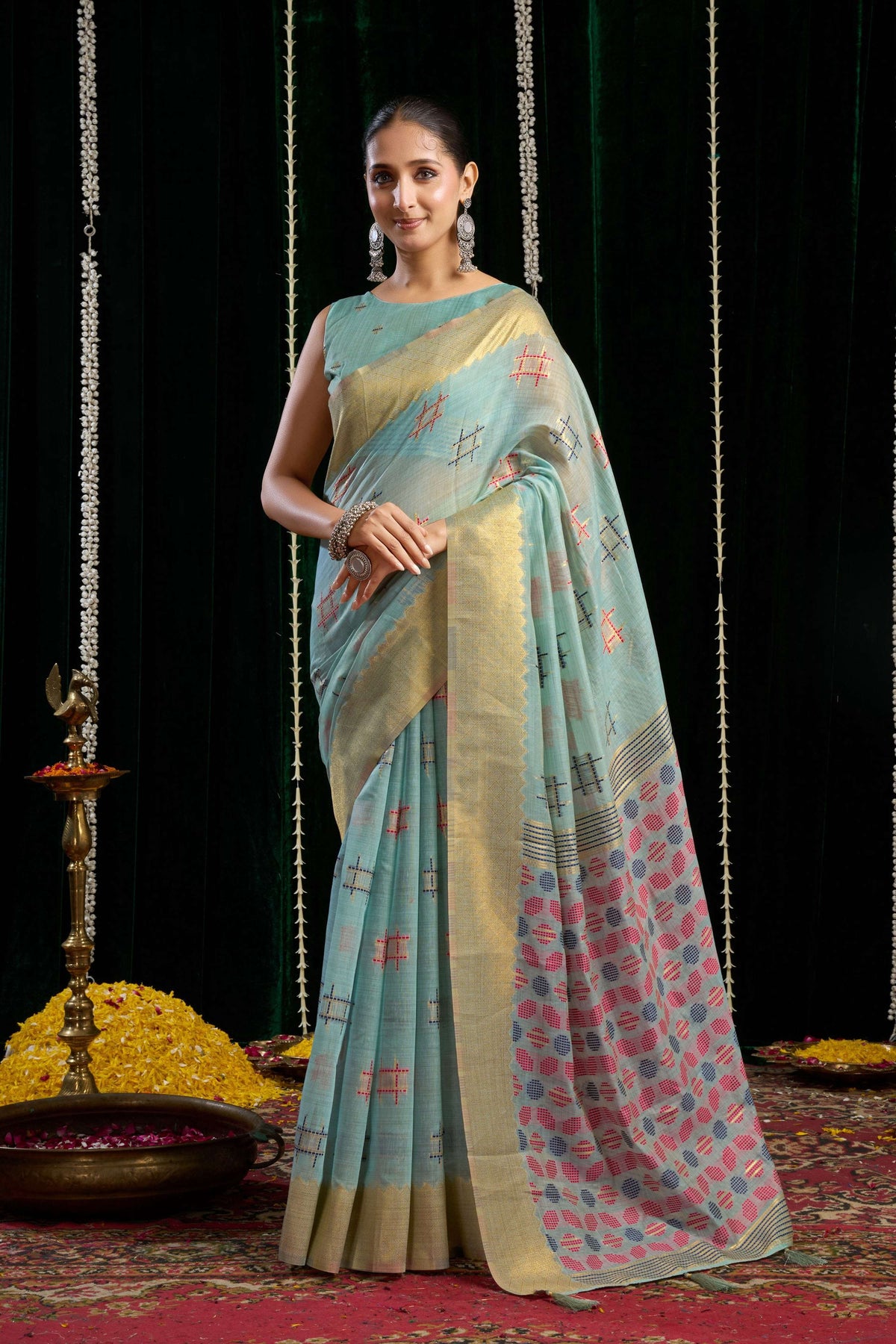 Turquoise Soft Spun Cotton Zari Woven Saree with Blouse Piece