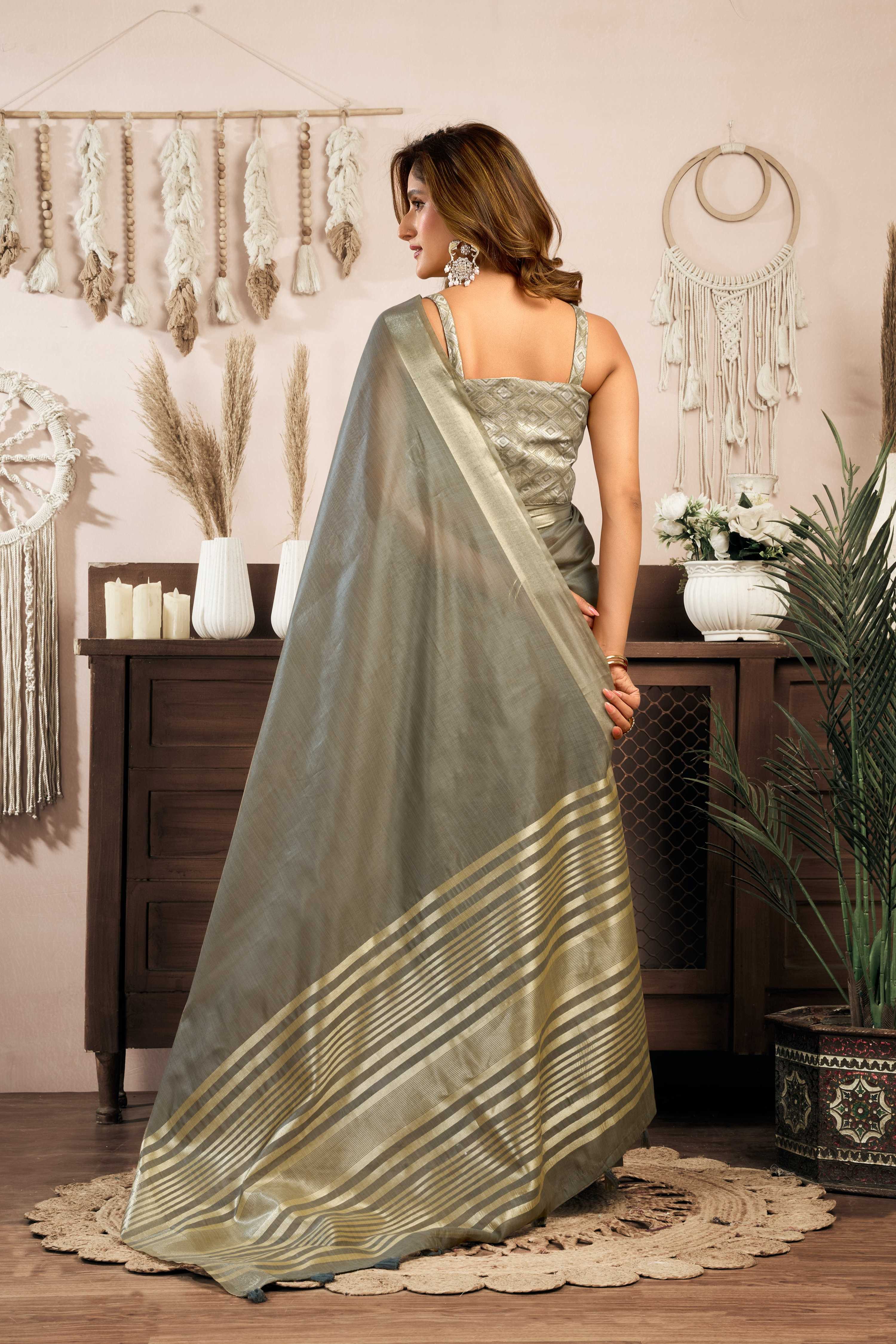 Grey Khadi Cotton Saree with Zari Woven Border and Blouse Piece