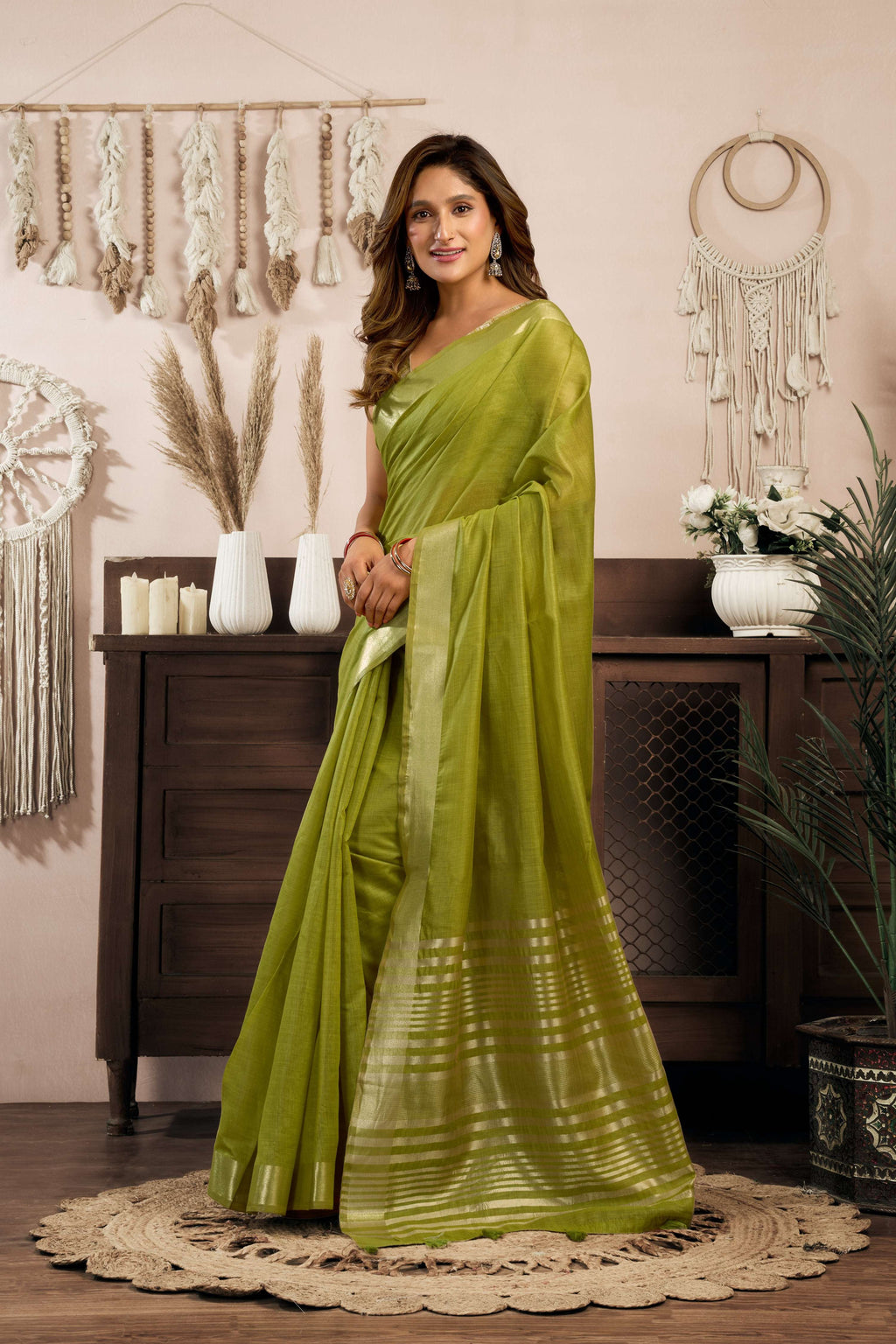 Green Khadi Cotton Zari Woven Saree with Matching Blouse Piece