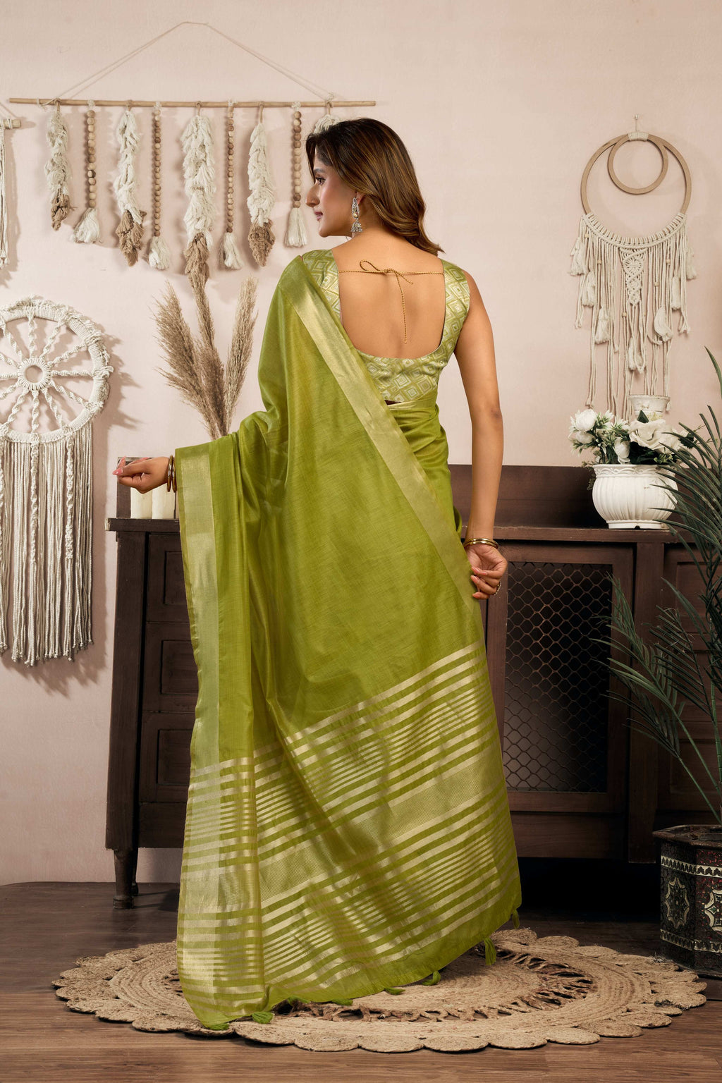 Green Khadi Cotton Zari Woven Saree with Matching Blouse Piece