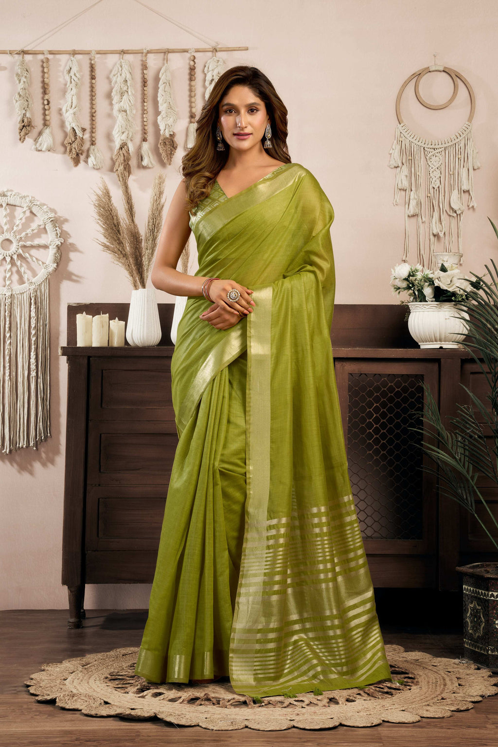 Green Khadi cotton saree with intricate zari weaving and matching blouse piece