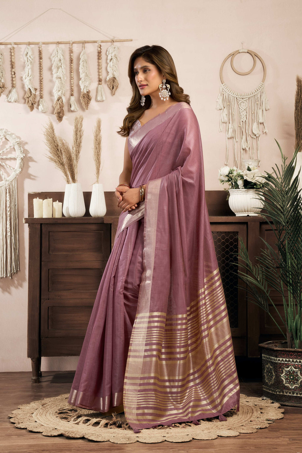 Wine Khadi Cotton Zari Woven Saree with Matching Blouse