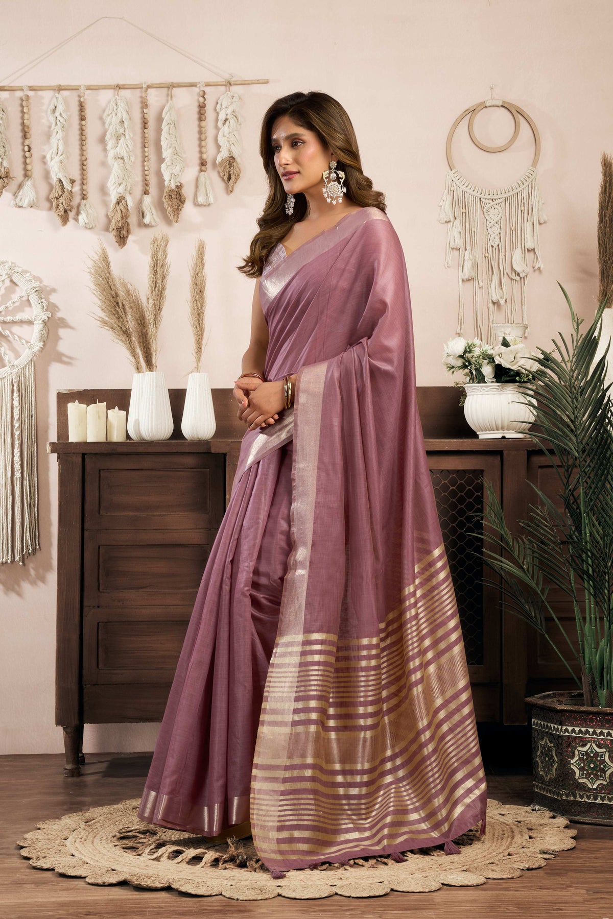 Wine Khadi Cotton Zari Woven Saree with Matching Blouse