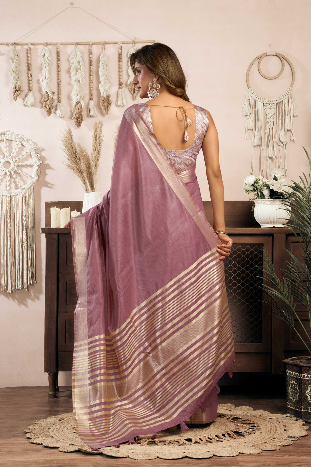 Wine Khadi Cotton Zari Woven Saree with Matching Blouse