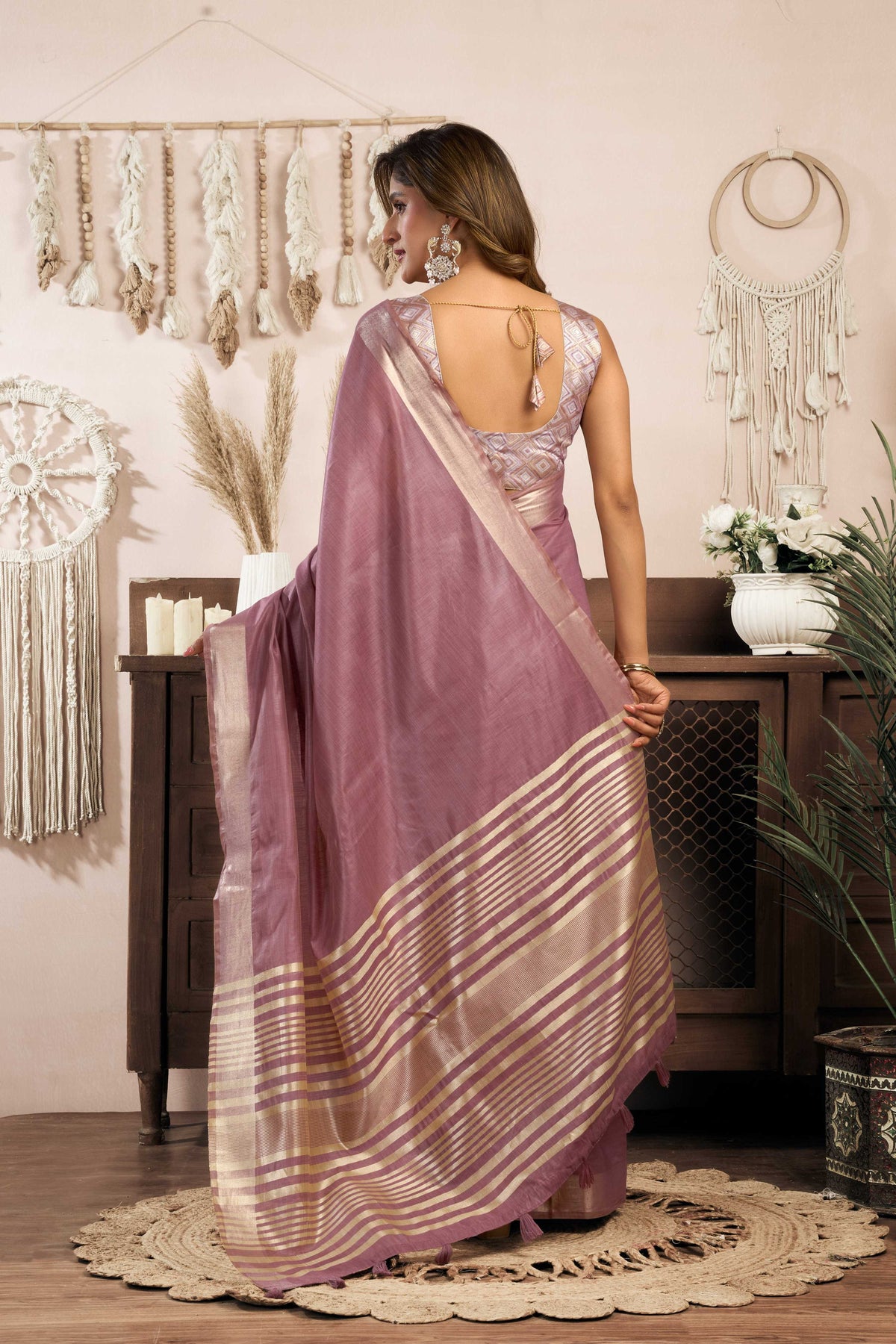 Wine Khadi Cotton Zari Woven Saree with Matching Blouse