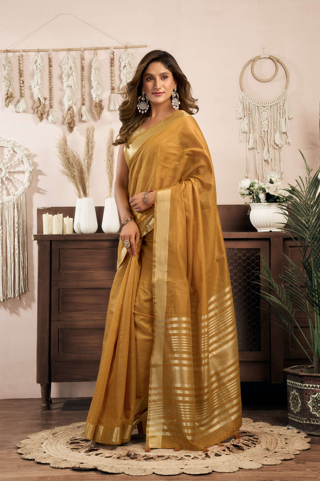 Mustard Khadi Cotton Zari Woven Saree with Matching Blouse