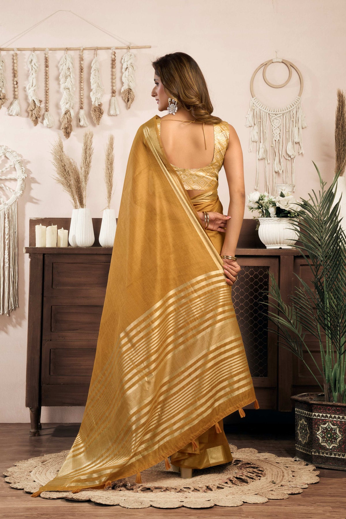 Mustard Khadi Cotton Zari Woven Saree with Matching Blouse